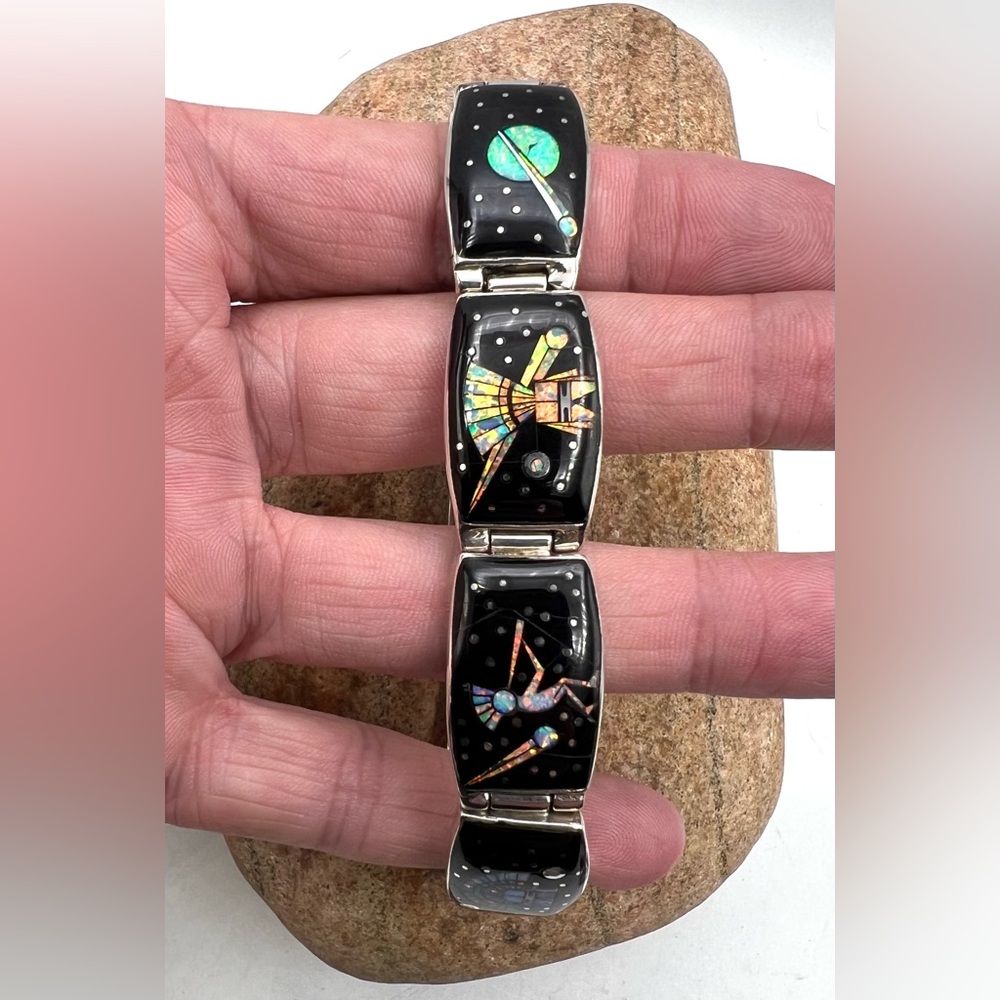 Navajo Sterling Silver Onyx Opal Kachina Kokopelli Night Sky Link Bracelet 8" - Picture 3 of 7